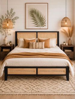 🔥 NEW Full Size Rattan Bed Frame, modern boho Style, japandi style full size bed M3