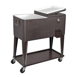 80 Quart Wicker Patio Rolling Cooler Cart On Wheels W/ Tray Ice Chest Backyard Patio Furniture
