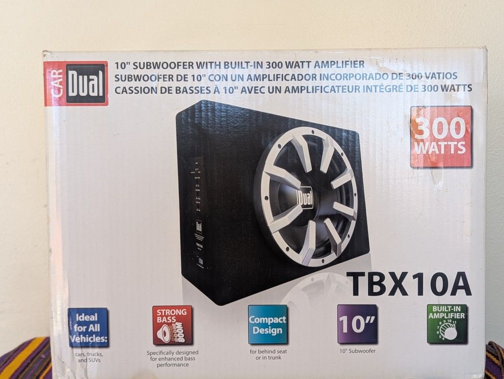 Dual Electronics TBX10A 10-inch shallow mount high performance powered enclosed subwoofer
with built-in amplifier and 300 Watts