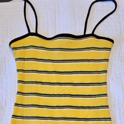 FOREVER 21  Stretch Bodycon Halter Mini Dress Yellow w/ Teal/White Stripes Sz. S