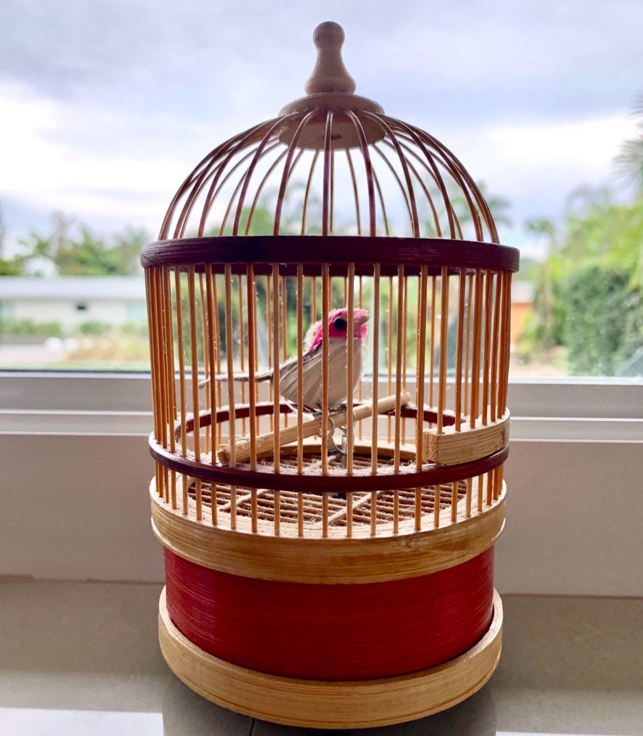 Vintage Schylling Mechanical Feathered Bird in Cage