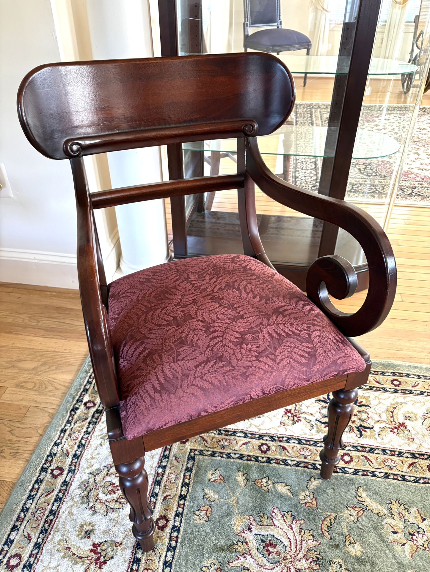 Elegant Wooden Chairs with Red Cushioned Seats – Set of Two
