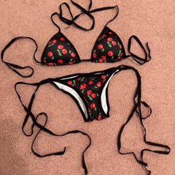 New Small Medium Black Cherry Cherries Pin Up Festival Rave Bikini Outfit Swimsuit Gothic Rockabilly 