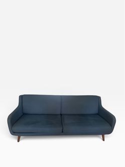 Mid-century modern blue sofa couch, wooden legs