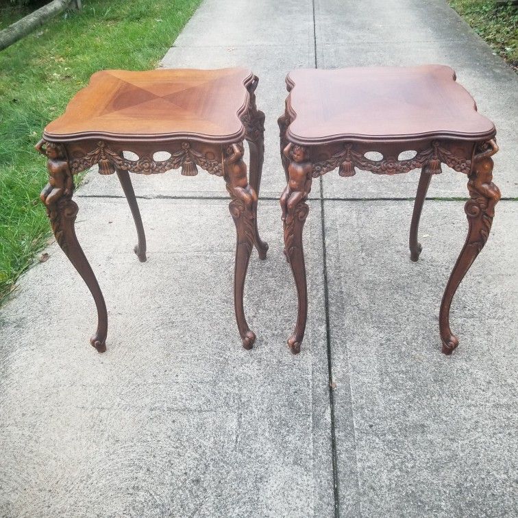 Antique Queene Anne Parlor Table Pair Set Angel Cherub