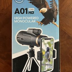 12x60 Monocular Telescope Smartphone Holder & Upgraded Tripod, SMC & BAK4 Scope