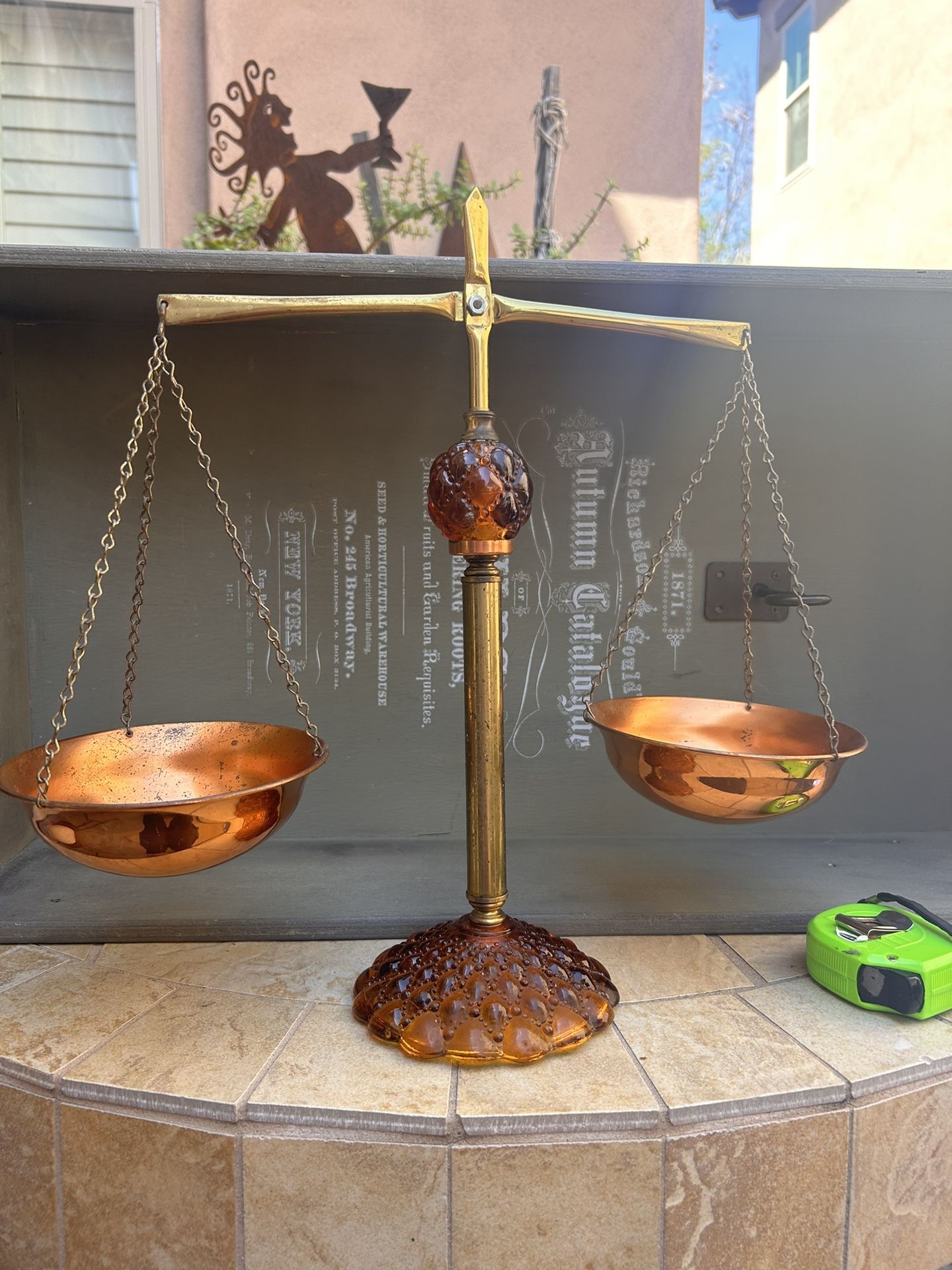 Princess House Vintage Amber Bubble Glass 16" Brass Copper Justice Balance Scale