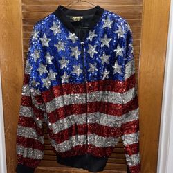 Vintage Silk Sequined American Flag Patriotic Red White Blue Bomber Jacket -2XL.