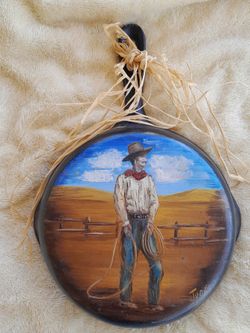 Vintage 8 Inch Cast Iron Skillet w/Cowboy Painting Folk Art. (Nice & Clean) L@@K!