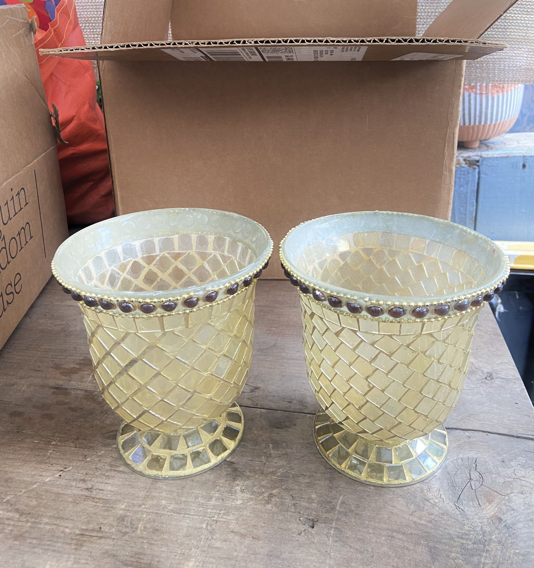 Class Gold Color Vase Or Use For Candle 5 Inch Wide And 5& Half High