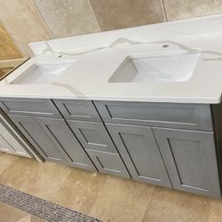 60" Grey Double Sinks Vanity Cabinet | 3 Drawers | Price Varies | Contact For More Only Cabinet Price 