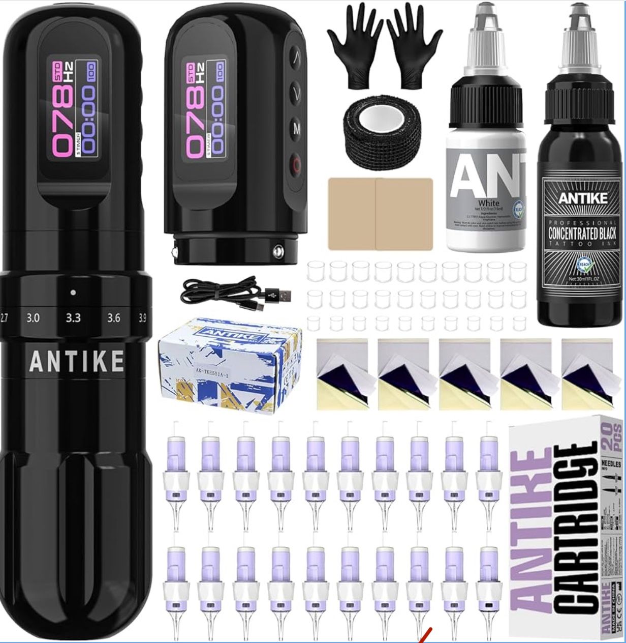ANTIKE Cordless Tattoo Gun Kit with 7 Adjustables Strokes and 2pcs 1600 mAh Tattoo Batteries