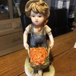 Vintage Flambro Boy With Wheelbarrow 8 Inches Tall 