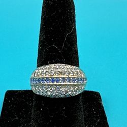 Costume Elegant Silver Tone With Blue & Clear Rhinestones Size 5 Great Shape Lovely