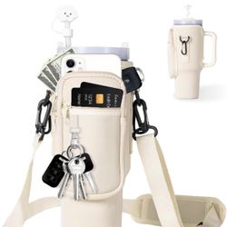 Water Bottle, Phone, and Card Holder Bag + Cute Straw Cover - White/Cream