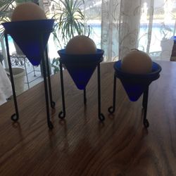 Set Of 3 Cobalt Blue N Black Metal Candle Holders