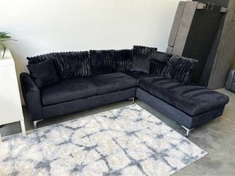🔥 Brand New Black & Gray Comfy L Shape Sectional Sofa Couch W/ Chaise & Corduroy Pillows