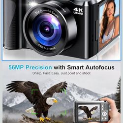 4K Digital Camera for Photography- 56MP Autofocus Vlogging Camera with 3" 180° Flip Screen, 16X Zoom, Flash- Digital Point and Shoot Camera for Travel