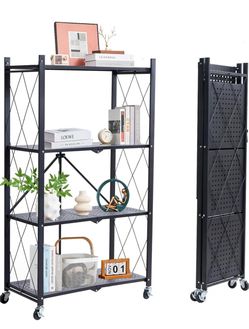 4-Tier Foldable Storage Shelves with Wheels, Folding Metal Rack Shelving Unit, Heavy Duty No Assembly Organizer Shelf for Garage, Kitchen, Basement, P