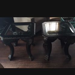 Hand Crafted Black Glass Top Tables Set, Great condition.
