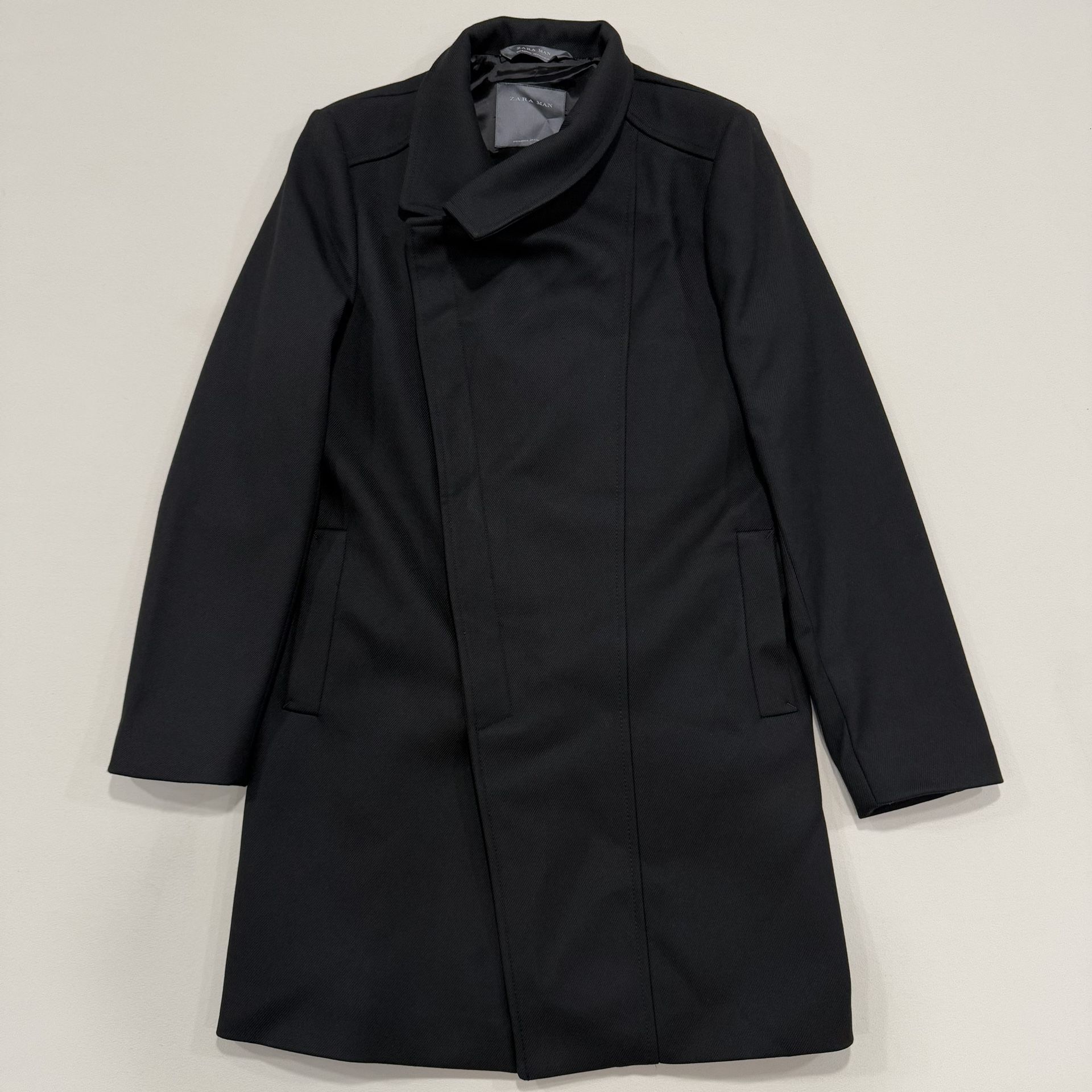 Zara Man Men's Size M Coat Jacket Trench Black Texture Full Zip