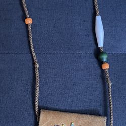Vintage Suede Pouch Beaded Necklace 