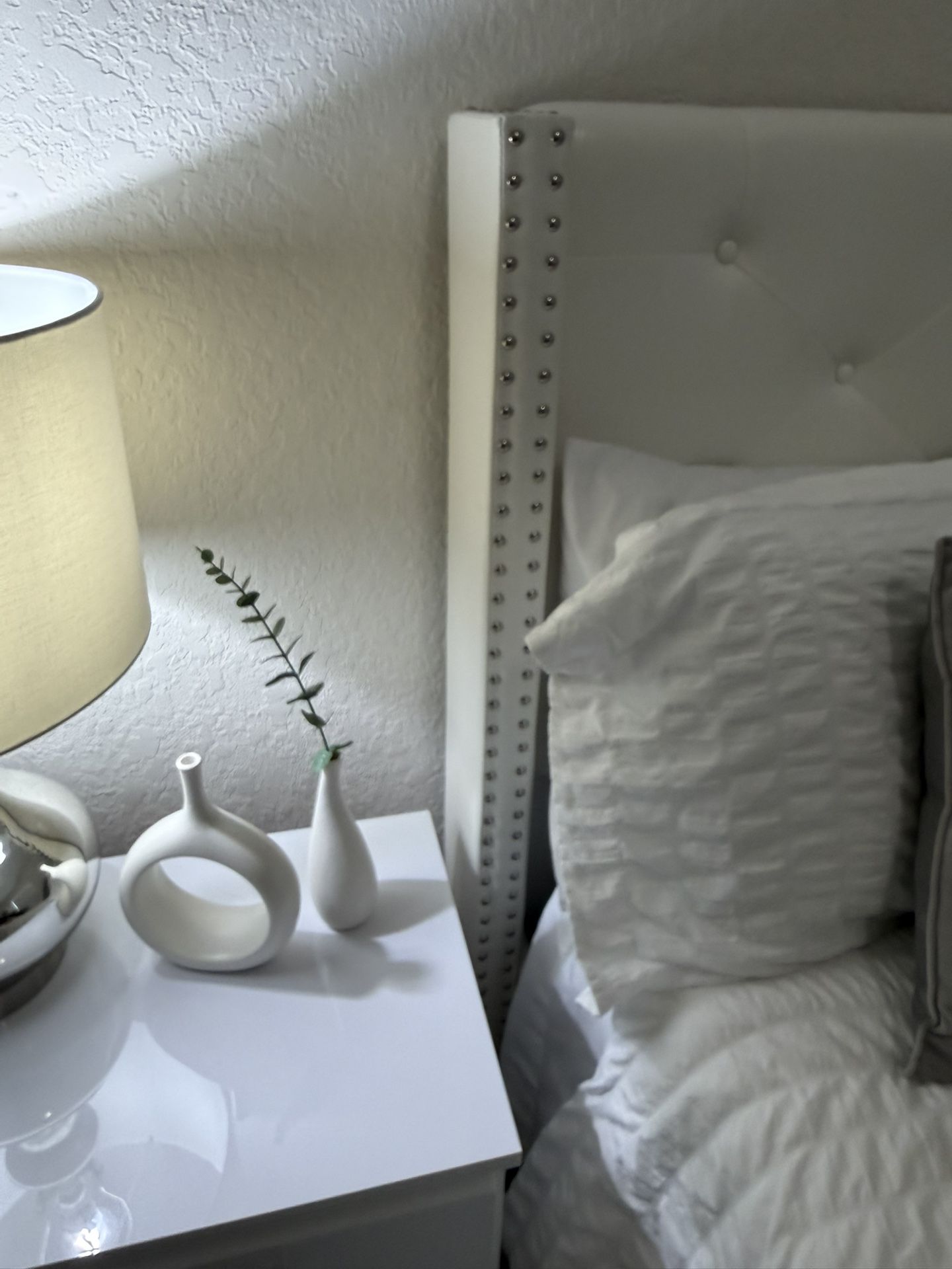 Queen Size Bedroom Frame -Moving Sale - Wing Bright White Queen Frame - Nightstand , IKEA Shelves - And Accessories