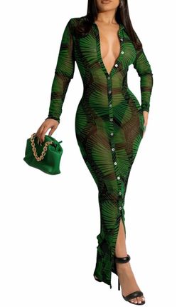 New JerXox Green & Black Sheer Mesh Button-Down Maxi Dress