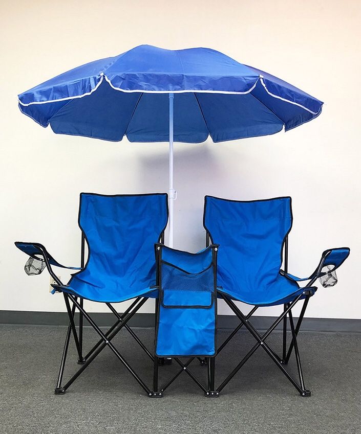 (NEW) $35 Portable Folding Picnic Double Chair w/ Umbrella Table Cooler Beach Camping Chair