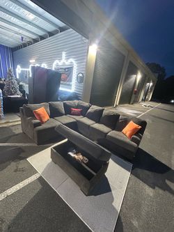 Dark Gray Fabric Sectional Sofa w Ottoman