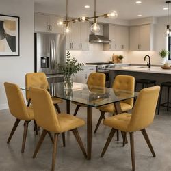 Brand New Set of 6 Mustard-Tan Upholstered Dining Chairs – Walnut Legs
