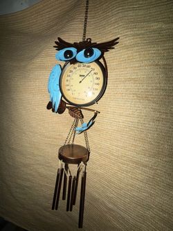 Metal owl with thermometer and chimes