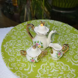 Vintage Bone China Mini Creamer ,Sugar And Teapot  Set Hand Painted flowers

