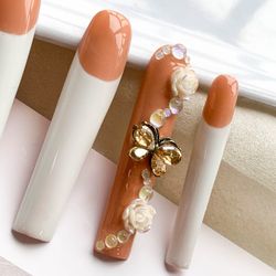 Handmade Pink & White Two-tone Press-on Nails with Rhinestones, Butterflies and Flower Embellishments