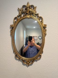 Ornate Gold Oval Wall Mirror with Cherubs 30”x18”