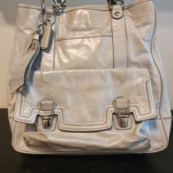 Coach Poppy Camellia Leather Tote Bag Ash Gray