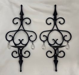set of 2 black metal candle / pillar wall sconces with crystal drops