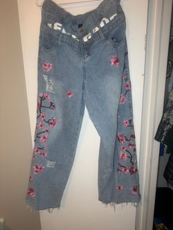 Light Wash Jeans with Cherry Blossom Embroidery