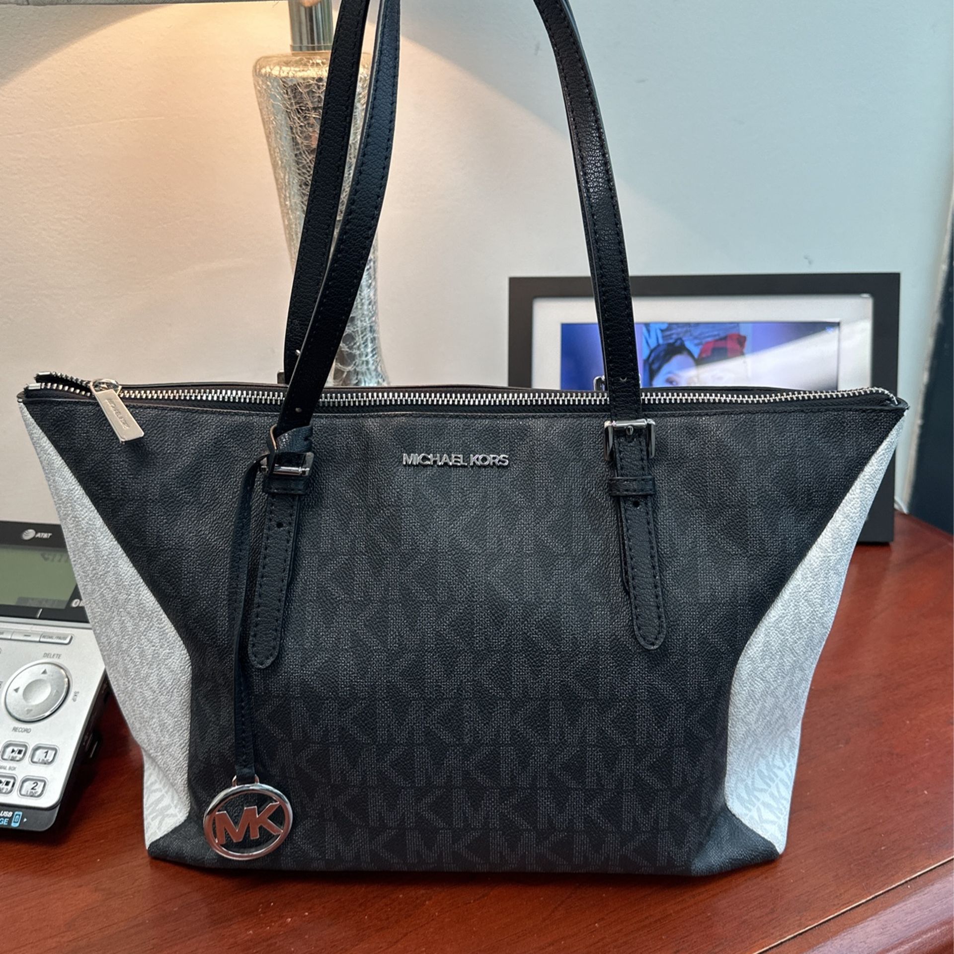 Authentic Michael Kors Black-And-White Signature Tote Bag