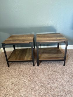 Industrial Wood and Metal End Tables – Set of 2