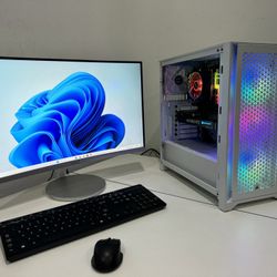 Beautiful White Corsair Gaming PC with Monitor Ryzen 5 1TB SSD RTX Graphics