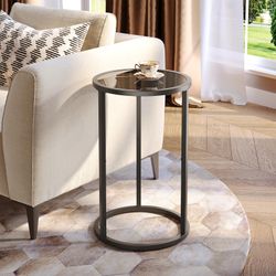 Round Black Metal and Glass Side Table