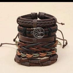 6 Vintage Hand-Woven Cowhide Bracelets Diy Peace Tree Combination 6-Piece Men'S Jewelry European And American Accessories Wholesale