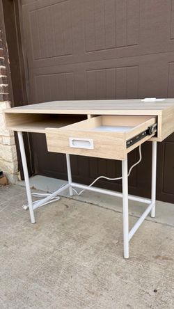 Light Wood Desk with White Metal Legs