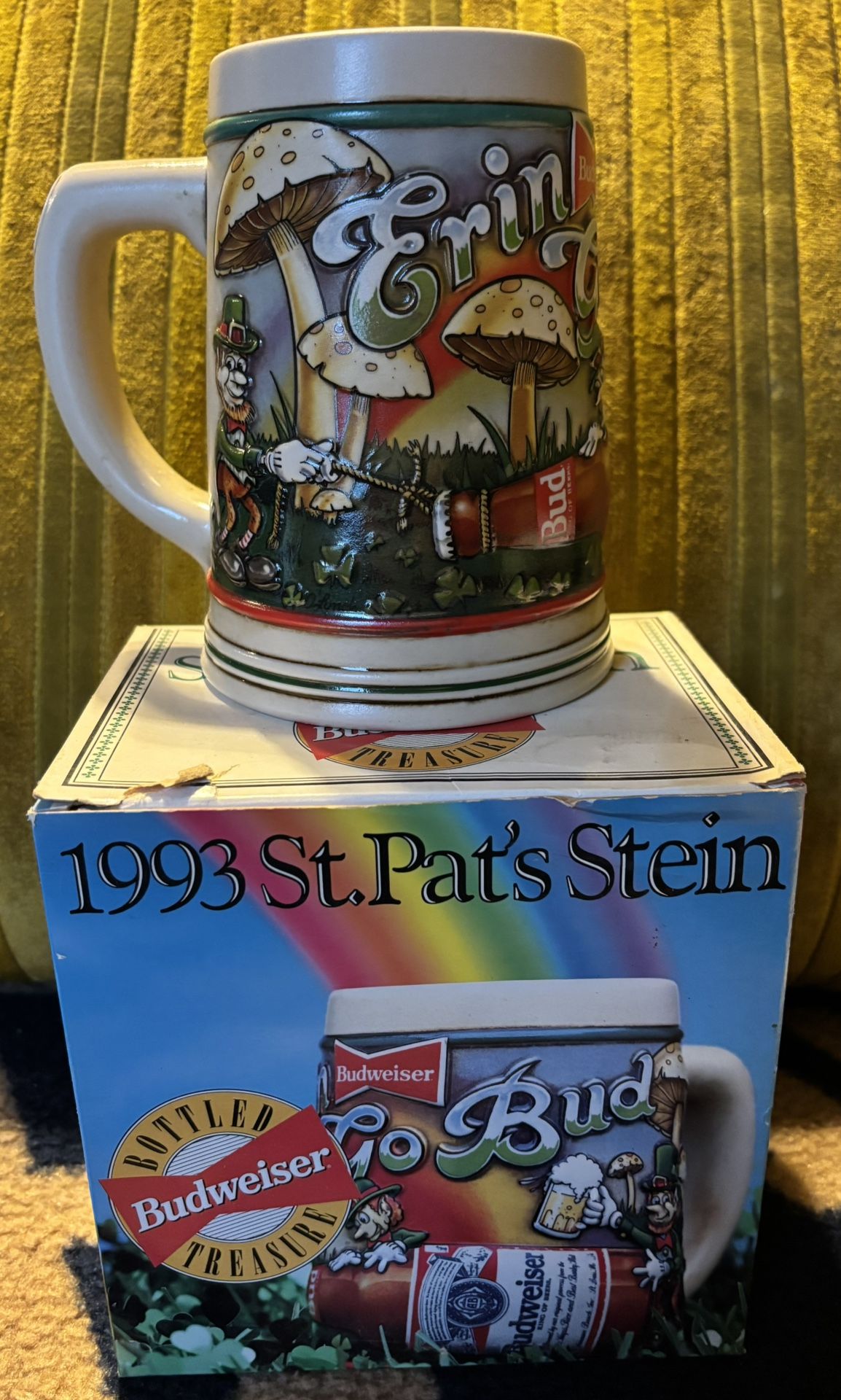 Budweiser St Patrick's Day Beer Stein 1993 ERIN GO BUD Ceramic 3D with COA