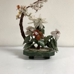 Vintage Chinese Carved Agate & Jade Like Stone Flowers Leaves Tree Bonsai ~ 13"