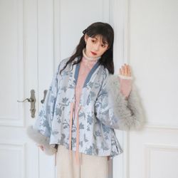 New Chinese Hanfu Fox Fur Trimmed Fleece Coat Butterfly  Floral Tencel  Length 29” Armpit to armpit 27*2”