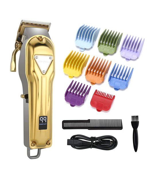 Rechargeable Cordless Hair Trimmer Cutting Kit with USB Charger 8 Colorful Clipper Guide Combs for Barbers and Stylists（Metal Gold）