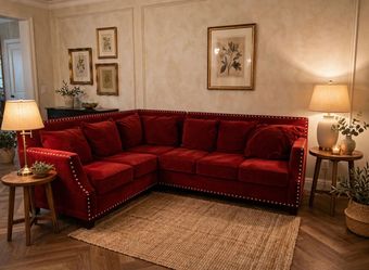 Red Sectional Sofa  L-shaped  with Nailhead Trim