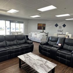 Black leather double reclining sofa